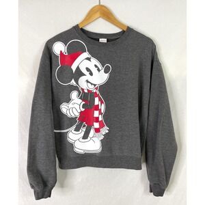 Mickey Mouse Christmas Sweatshirt Womens Small S Disney Santa Hat Gray